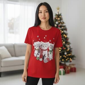 Women’s XL Red Christmas 😻🎅🏻🎄Cat Tee Shirt Cute Kittens Santa Hat Holiday